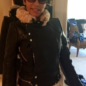 Balenciaga  black leather mini shearling collar.